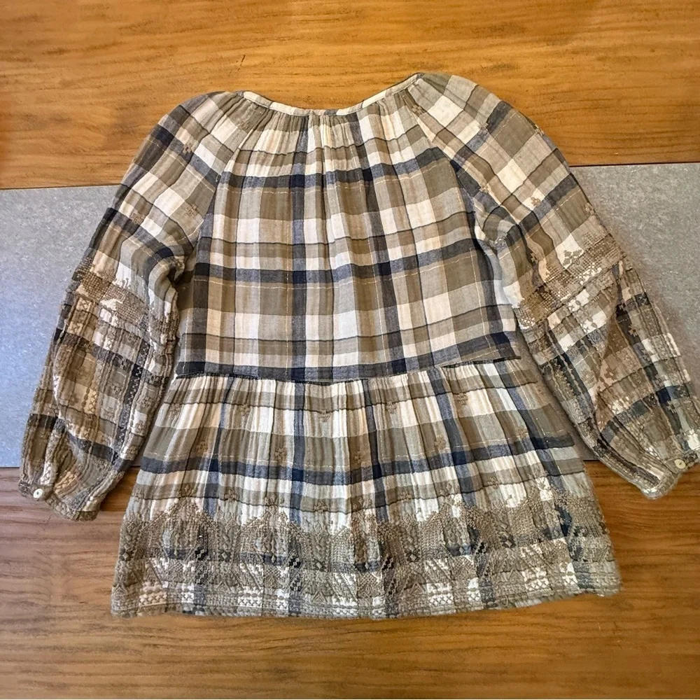 Johnny Was 3J Workshop Embroidered Plaid Tunic Blouse Boho Neutral Small
